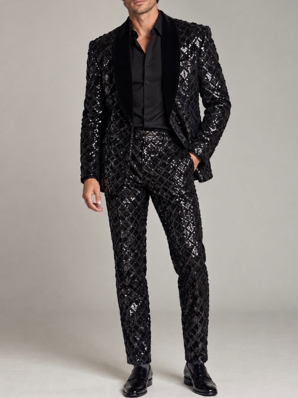 ASOS Design Men’s Diamond Sequin Suit Set Sz 38 Black Velvet Lapel Slim Blazer